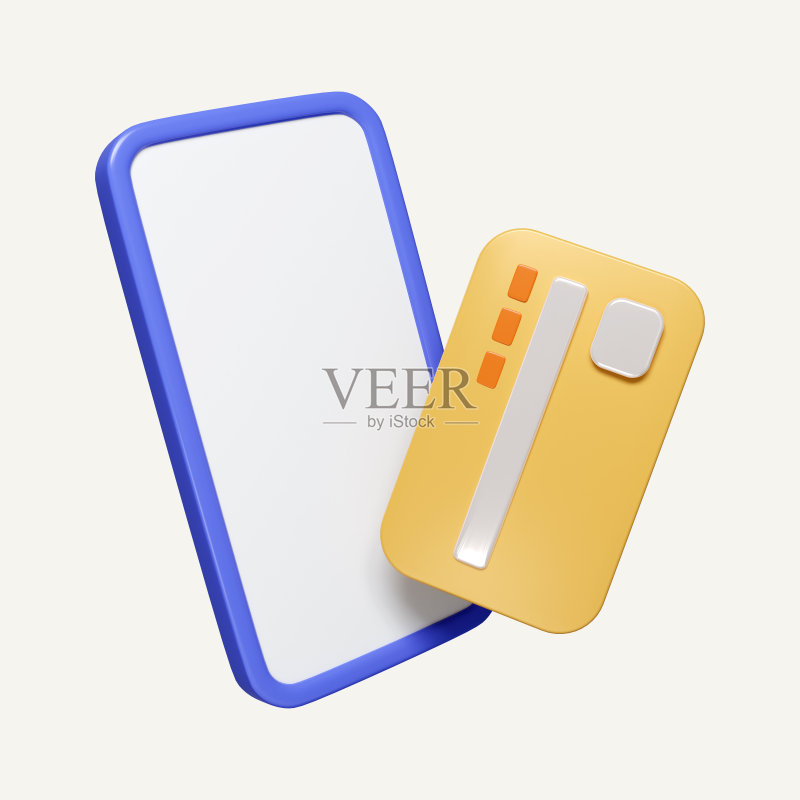 3D手机与信用卡漂浮:手机银行和在线支付服务概念图标素材