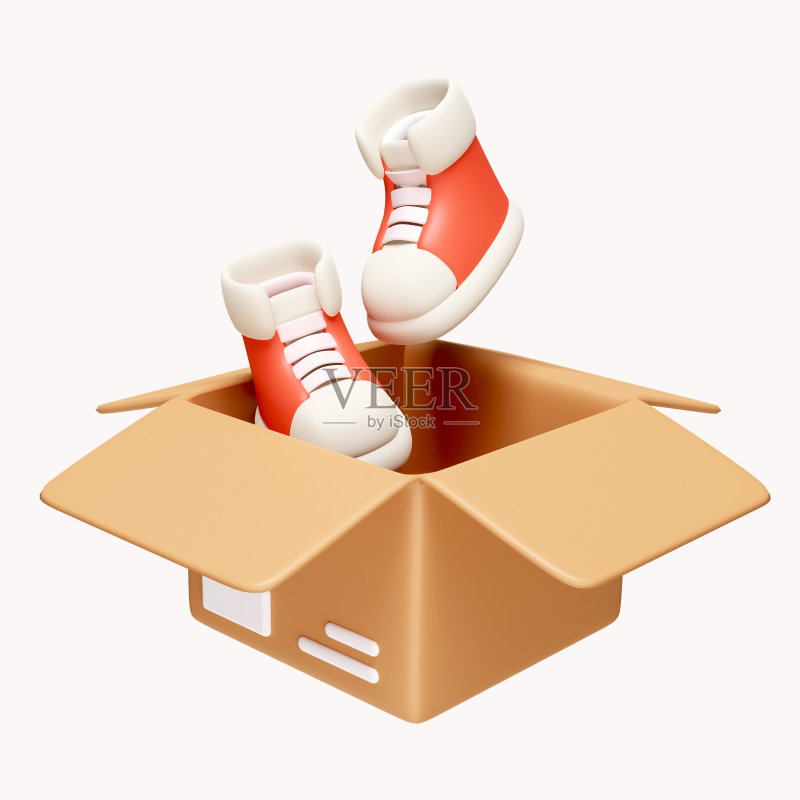 3D红色运动鞋与棕色商品纸板鞋盒,线上购物概念,白色背景3D渲染插画(含裁剪路径)图标素材