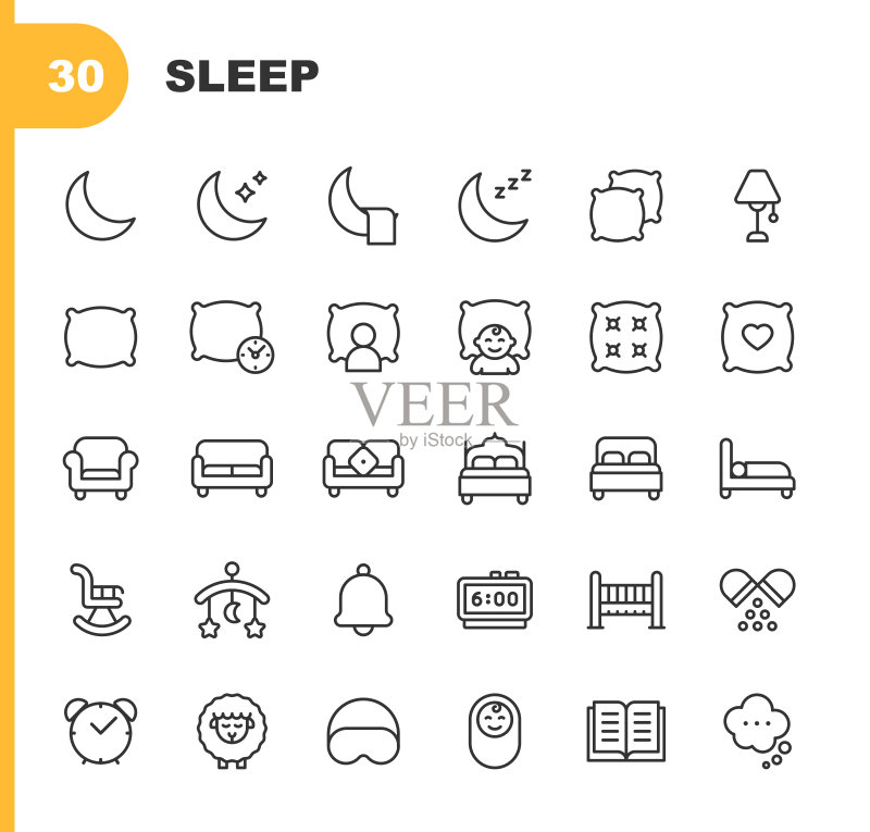 睡眠线性图标,可编辑笔画。包含月亮、床、星星、夜晚、枕头、婴儿、闹钟、酒店、旅馆、双人床、睡眠等图标图标素材