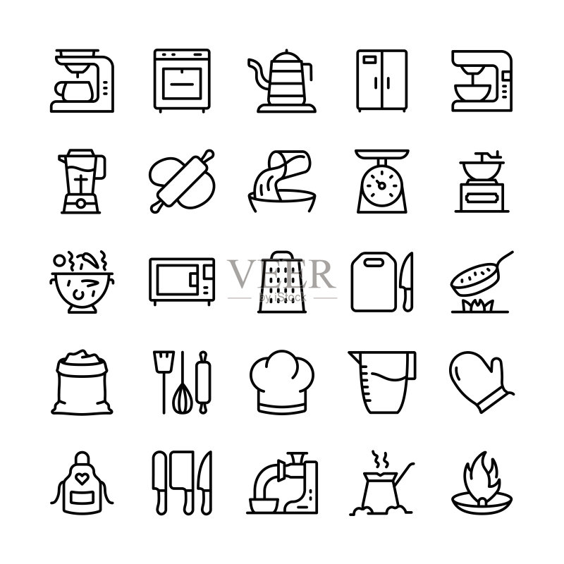 厨房图形矢量插画:可编辑描边大小,简约隔离图标,标志、符号、元素图标集图标素材