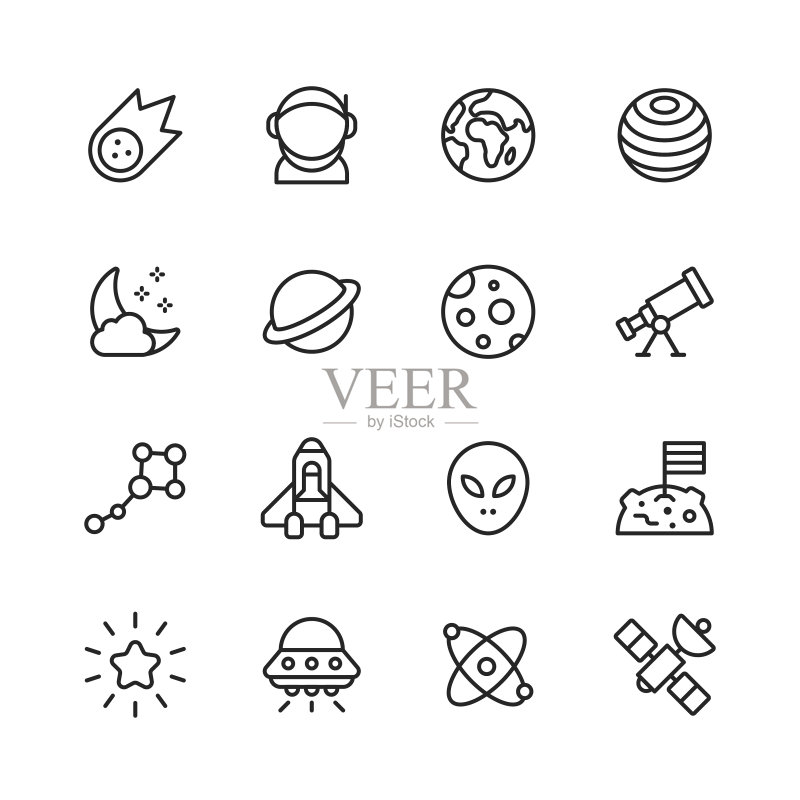 太空线性图标。可编辑笔画。像素完美。适用于移动和Web。包含彗星、小行星、宇航员、太空服、地球、宇宙、星星、望远镜、星系、宇宙飞船、旅行、登月、外星人、人工智能、火箭等图标。图标素材