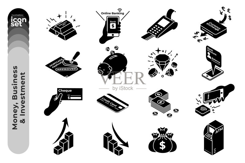 白色背景上的金融投资剪影图标集插图矢量素材图标素材