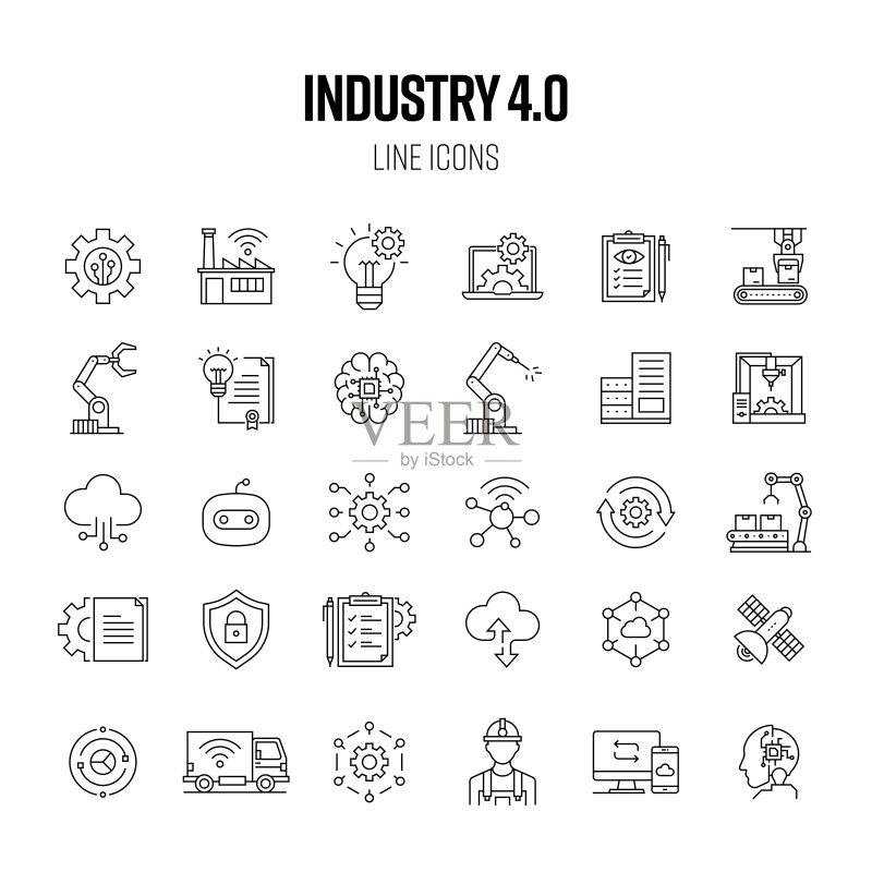 工业4.0线性图标集:自动化、互联网、连接、数据库、机器学习、制造业图标素材