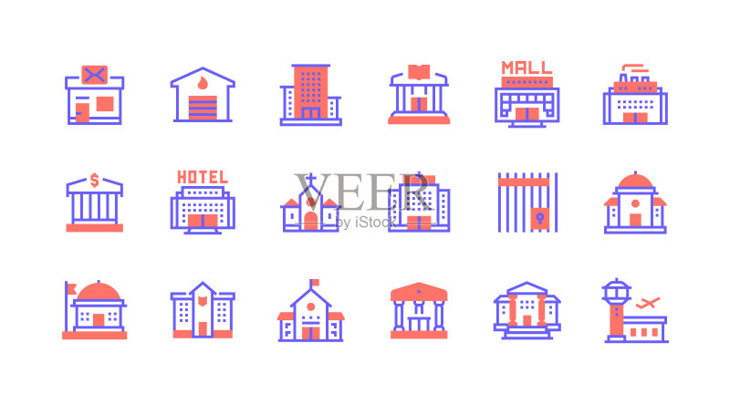 线性图标概念:邮局、消防局、办公中心、图书馆、商店图标图标素材