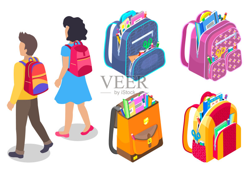 学生们背着装有学习用品的书包图标素材