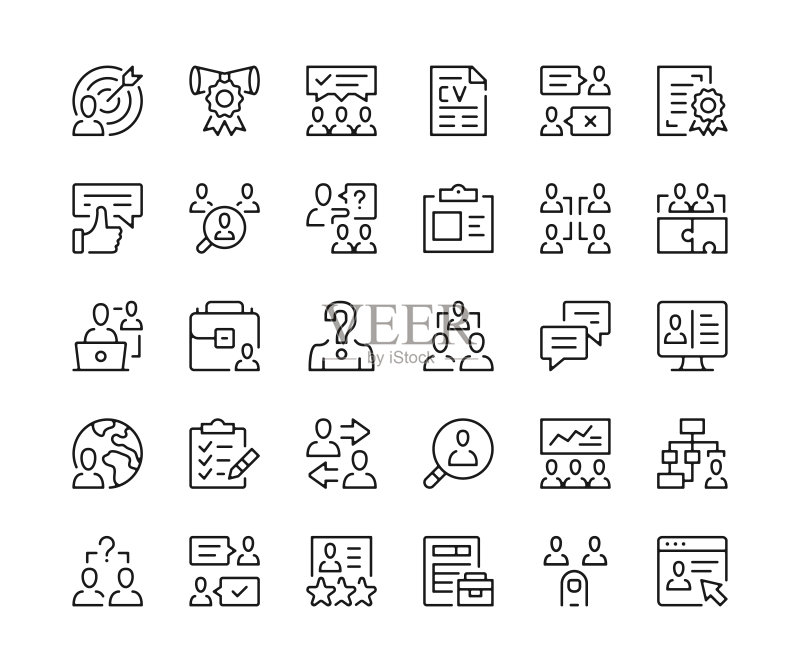 人力资源图标。矢量线条图标集。包含雇佣、人力资源、团队管理、职业概念。黑色轮廓笔画符号图标素材