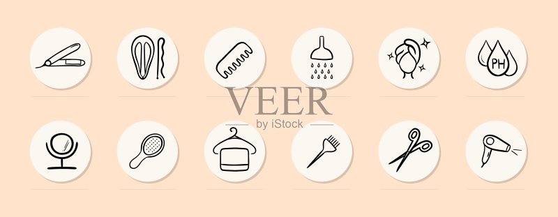 美发师线性图标。毛巾、发夹、剪刀、镜子、吹风机、梳子。柔和的背景色。矢量线性图标图标素材