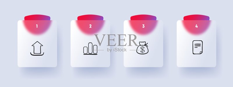 商业线性图标:钱袋、图表、证券、退税。粉彩色背景。矢量线性图标图标素材