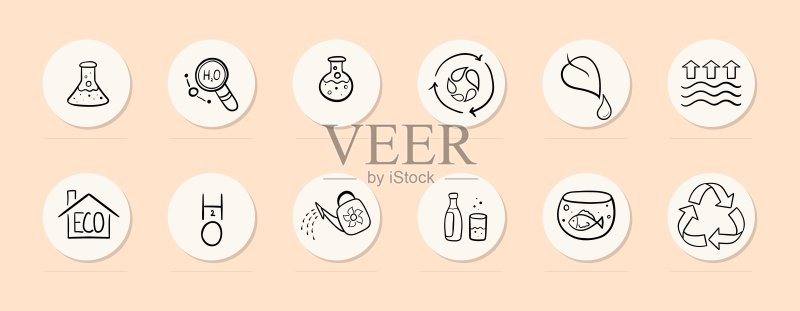 生态线性图标:烧瓶、水族箱、鱼、叶子、水壶、水、液体。柔和的彩色背景,矢量线性图标图标素材