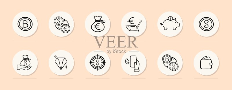 金融线性图标:比特币、电子货币兑换、存钱罐图标素材