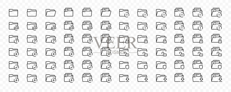 文件夹线性图标集:包含文档、云、锁、盾牌、复选标记、上传符号等,描边可编辑图标素材