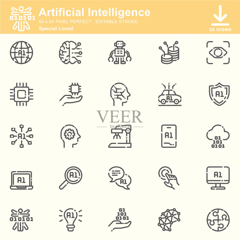 人工智能和机器学习线性图标,可编辑笔画,64x64像素完美图标素材