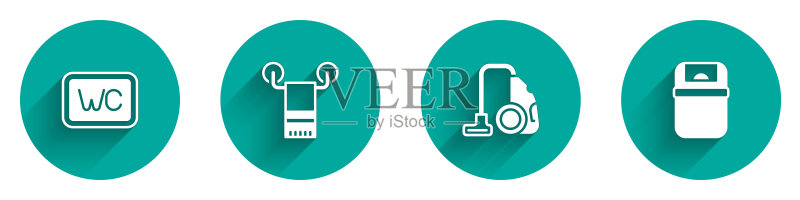 马桶、毛巾架、吸尘器和垃圾桶长阴影图标矢量素材图标素材