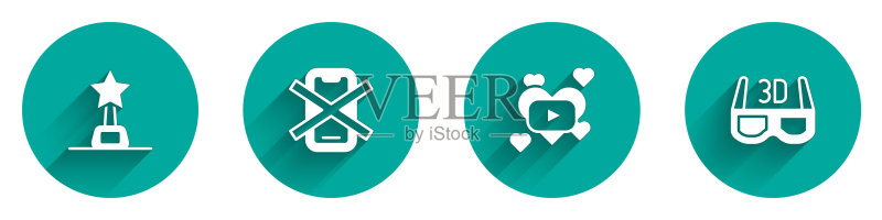 电影奖杯、禁止手机、浪漫电影和3D影院眼镜图标矢量图图标素材