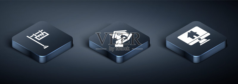 2.5D促销标牌、带智能家居的电脑显示器和房地产中介图标矢量素材图标素材