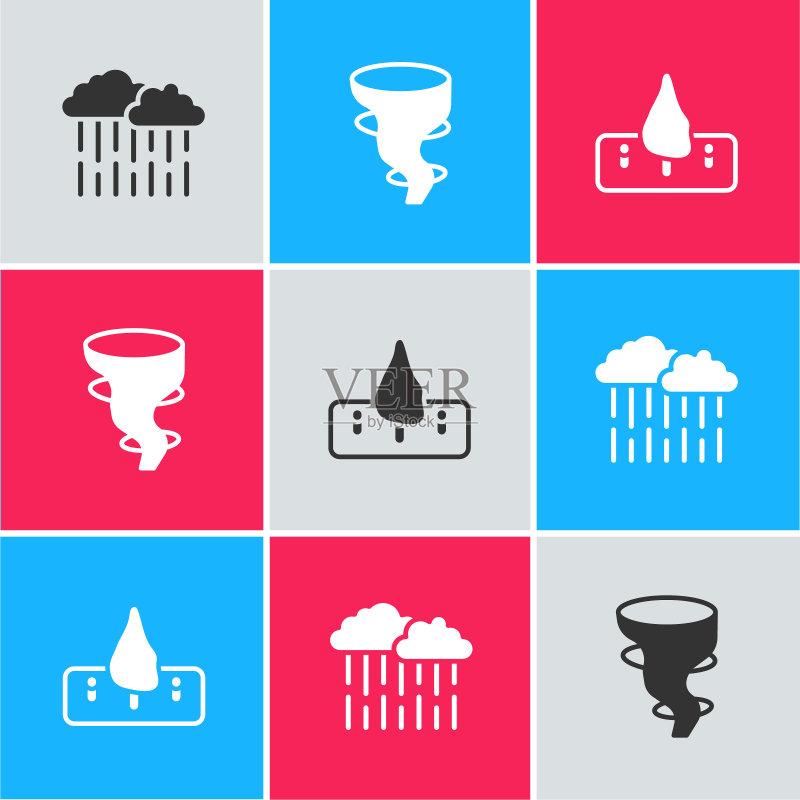 一套雨云、龙卷风和森林砍伐图标,矢量图标素材
