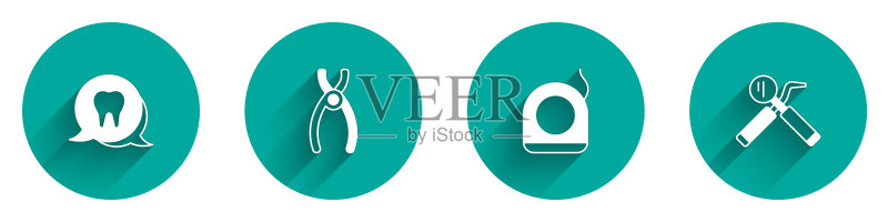 牙齿、牙科钳子、牙线、镜子和探针图标长阴影矢量图图标素材