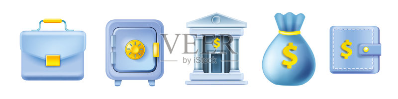 3D银行图标集,矢量商务金融货币插图,支付钱包、锁定保险箱、钱袋图标素材