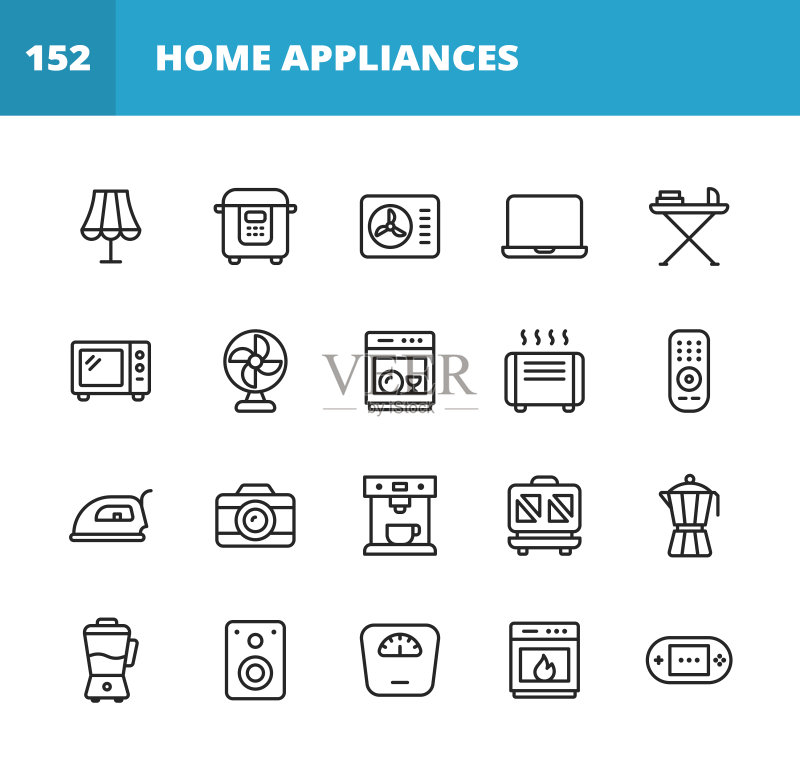 电器线性图标,可编辑描边,像素完美,包含灯、空调、笔记本电脑、微波炉、烤面包机、扬声器、搅拌机、烤箱、洗碗机等图标图标素材