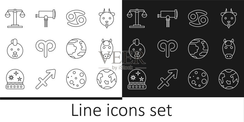 地球、马生肖、巨蟹座、白羊座、公鸡、天秤座、水星和望远镜icon。矢量图图标素材