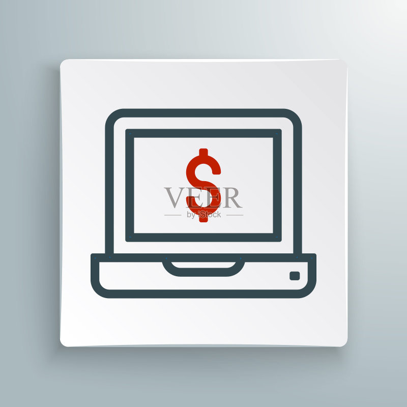 带美元符号的笔记本电脑线性图标,白色背景隔离,矢量图图标素材