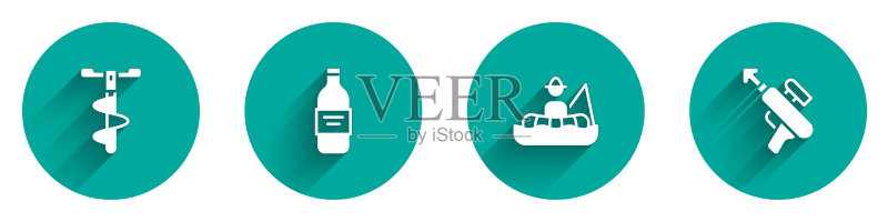 手持冰钻、伏特加酒瓶、渔夫在船上和鱼叉图标,带长阴影图标素材
