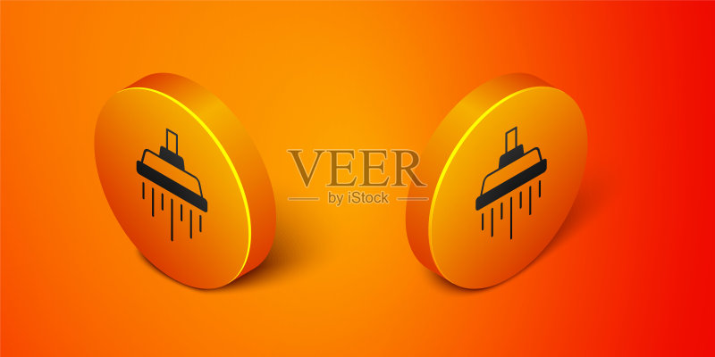 2.5D淋浴喷头与水滴流动图标,橙色背景上隔离的橙色圆形按钮矢量图标素材