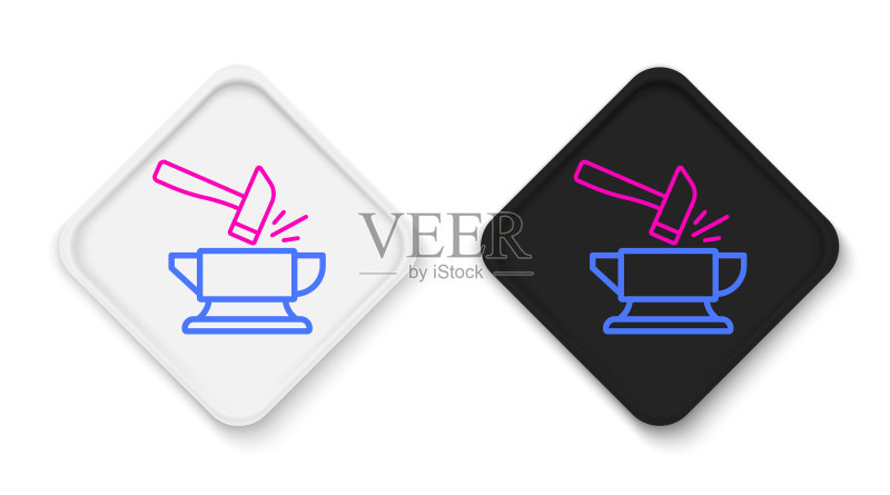 铁匠砧工具和锤子线性图标,白色背景上的彩色轮廓概念矢量图图标素材