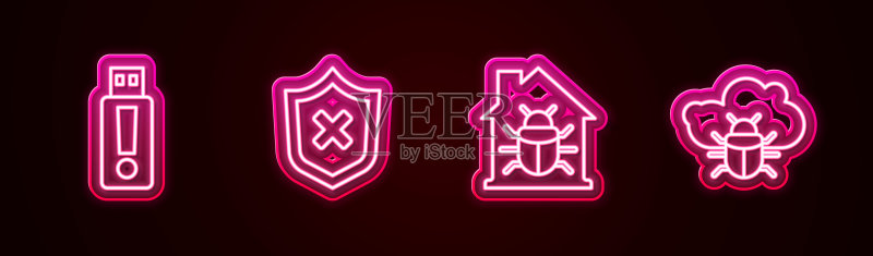 USB闪存盘,带叉号的盾牌,房屋系统漏洞和云系统等图标图标素材