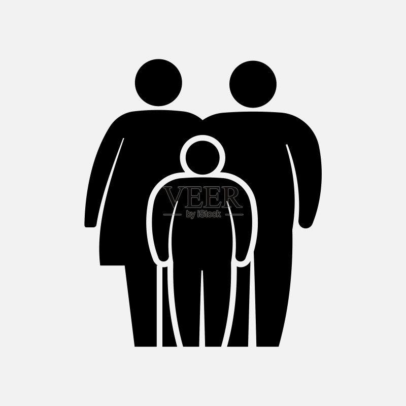 超重家庭图标:胖女人、男人、女孩和男孩图标素材