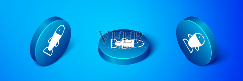 2.5D蓝色背景鱼图标,圆形按钮矢量图图标素材