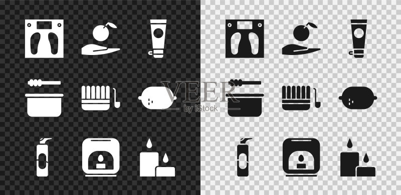 浴室秤、手中的苹果、乳霜或润肤露化妆品软管、发胶喷雾罐、香薰灯、燃烧的蜡烛、桑拿桶勺和图标矢量图图标素材