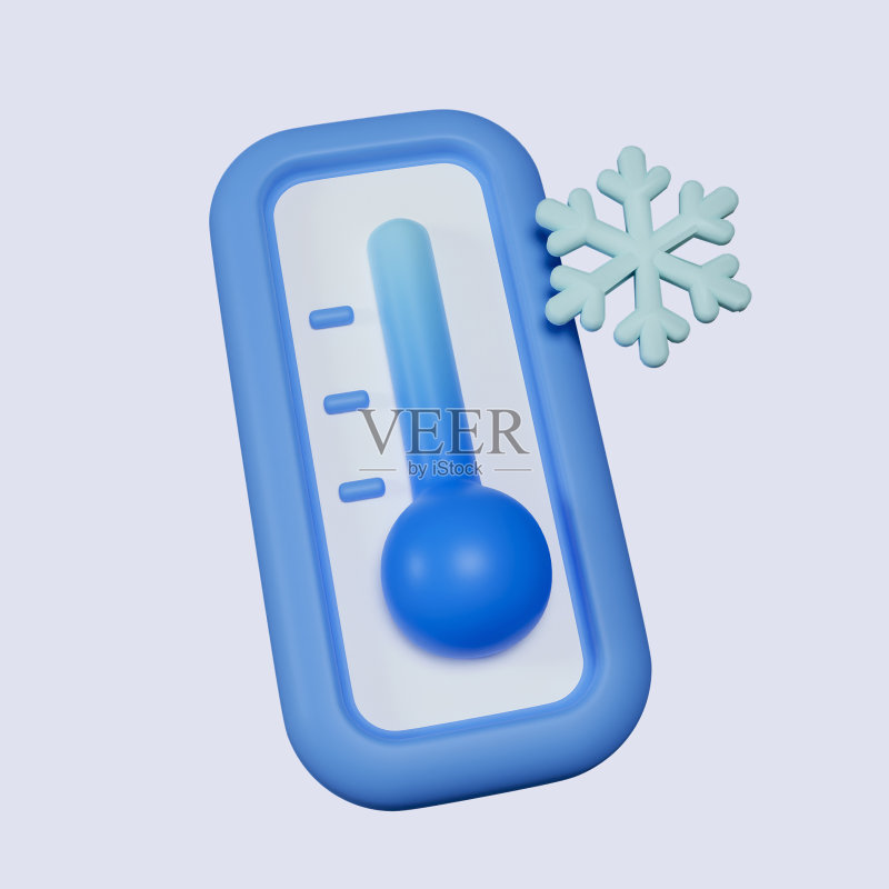 3D天气,冷温度计,气象恒温器图标,灰色背景隔离,3D渲染插图,带裁剪路径图标素材
