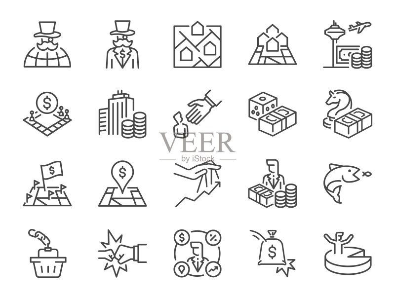 大富翁图标集:包含反垄断、财富、资产等图标,可编辑矢量描边图标素材