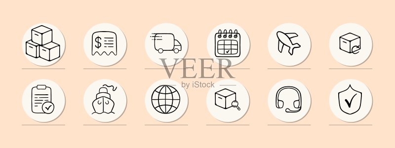 国际运输矢量图标合集:地球、飞机、货船,粉彩背景,矢量线条图标图标素材