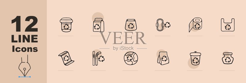 一组回收图标:环保废弃物管理标志、回收箱和可持续实践,绿色生活理念,商业矢量线条图标图标素材