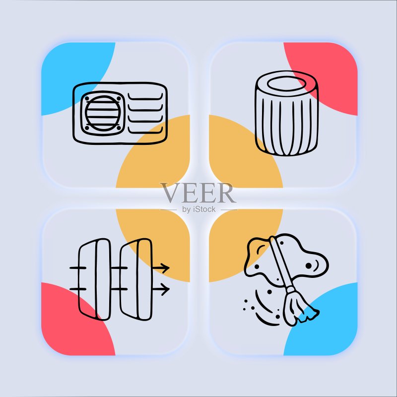 通风系统图标集:描绘与通风系统相关的各种元素,空气过滤概念,新拟物风格,商务矢量线条图标图标素材