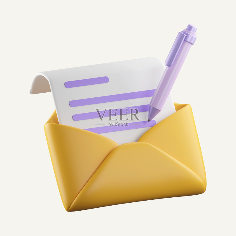 白色背景上的纸质文件信封图标3D渲染图图标素材