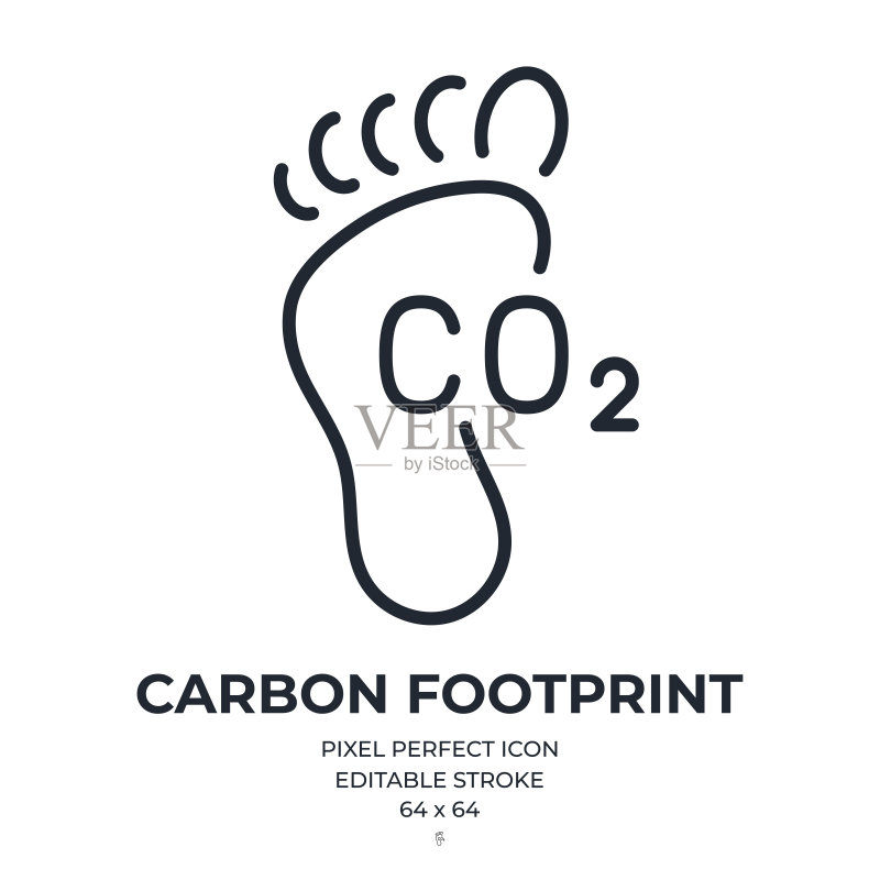 CO2碳足迹可编辑笔触轮廓图标,白色背景图标素材