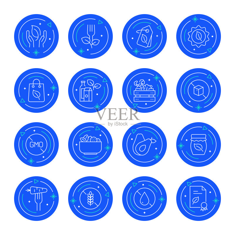 有机食品和产品相关线性图标集图标素材