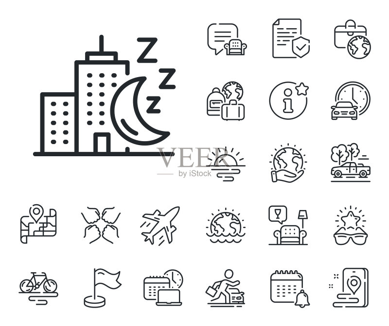 夜景城市线条图标:摩天大楼、睡眠标志、飞机图标素材