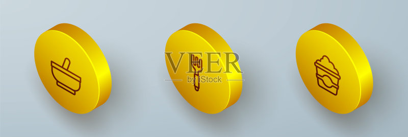 2.5D研钵、叉子和纸盒爆米花标志矢量素材图标素材