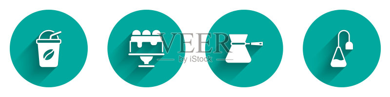 冰咖啡、蛋糕、土耳其咖啡和茶包图标,长阴影矢量素材图标素材