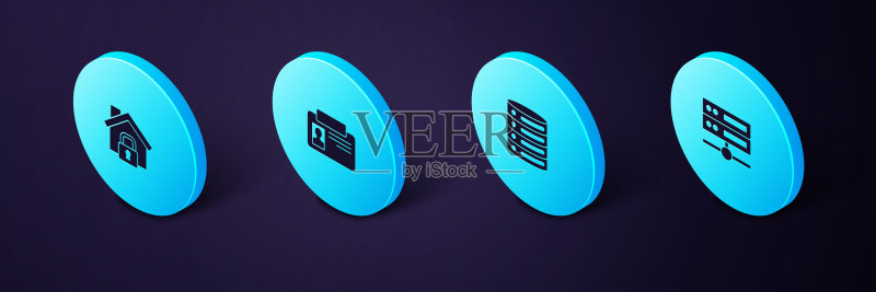2.5D服务器、数据、Web Hosting、识别徽章和房屋保护图标矢量素材图标素材