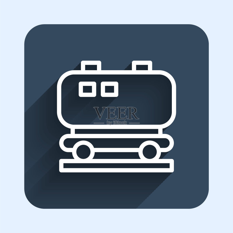 白色线条石油铁路罐车图标,长阴影背景。火车油罐车,铁路货运,石油工业。蓝色方块按钮矢量图图标素材