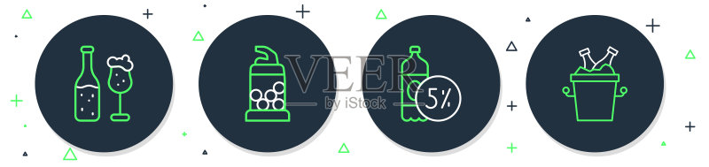 开瓶器、啤酒瓶和冰桶中的玻璃瓶矢量素材图标素材