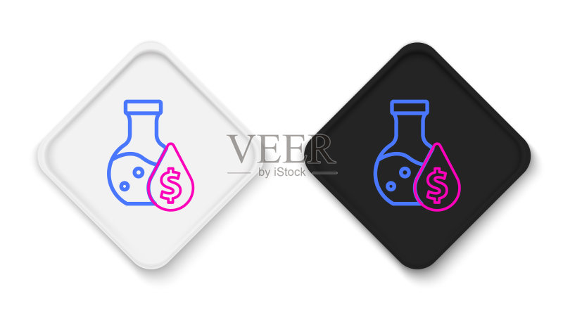 油品试管图标线条,白色背景。化学烧瓶和滴落的液滴。矢量多彩轮廓概念图标素材