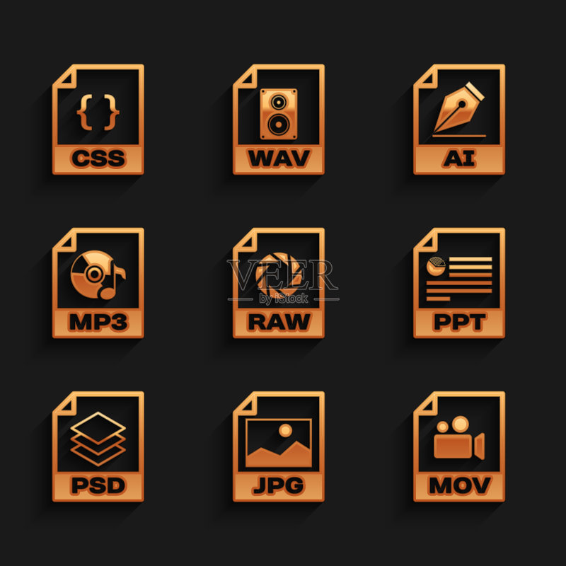 RAW文件文档、JPG、MOV、PPT、PSD和MP3图标矢量图图标素材