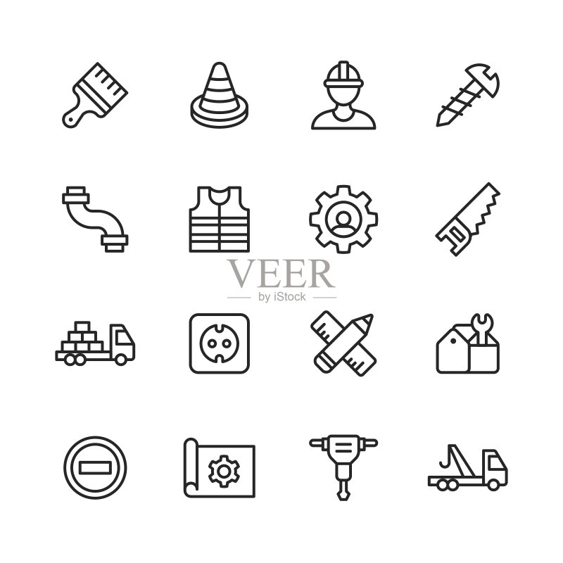 建筑线条图标:可编辑描边,像素完美,适用于移动和网页,包含建筑、维修、锯、螺丝、砖块、电力、工具箱等图标图标素材