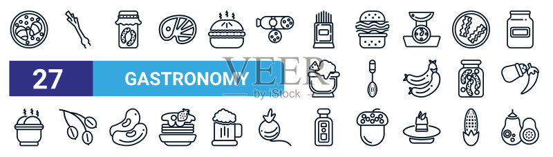 27个美食细线图标:生蚝、韭葱、泡菜、面包等矢量图标,适用于移动应用和网页设计图标素材